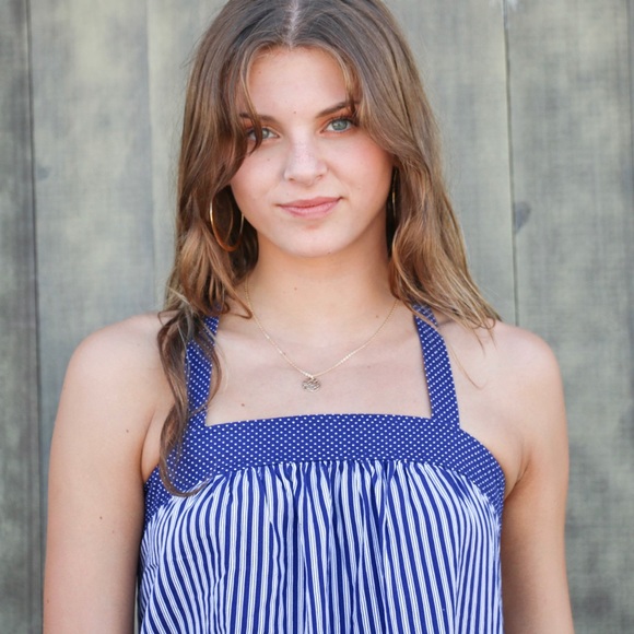 Vintage Handmade Blue Striped Flowy Halter Dress - Picture 7 of 8